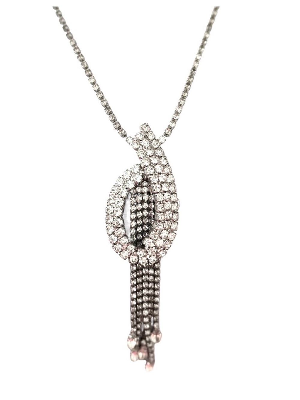 Vintage Silver Crystal Loop Tassel Necklace - Silver